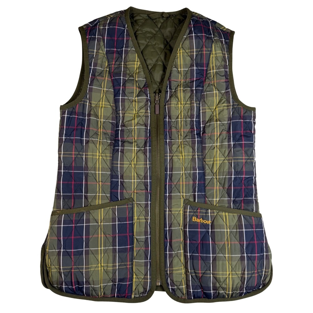 Barbour Tartan Betty Liner Women's Vest‎ Green Plaid Full Zip Gilet Sz US 6